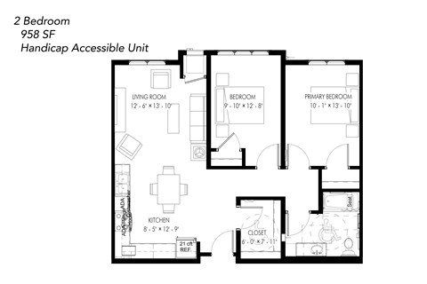 Floor plan for 2 beds, 1 bath